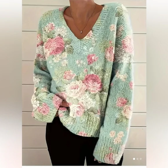 Floral Knit Sweater - Mint Green and Pink - Picture 1 of 4